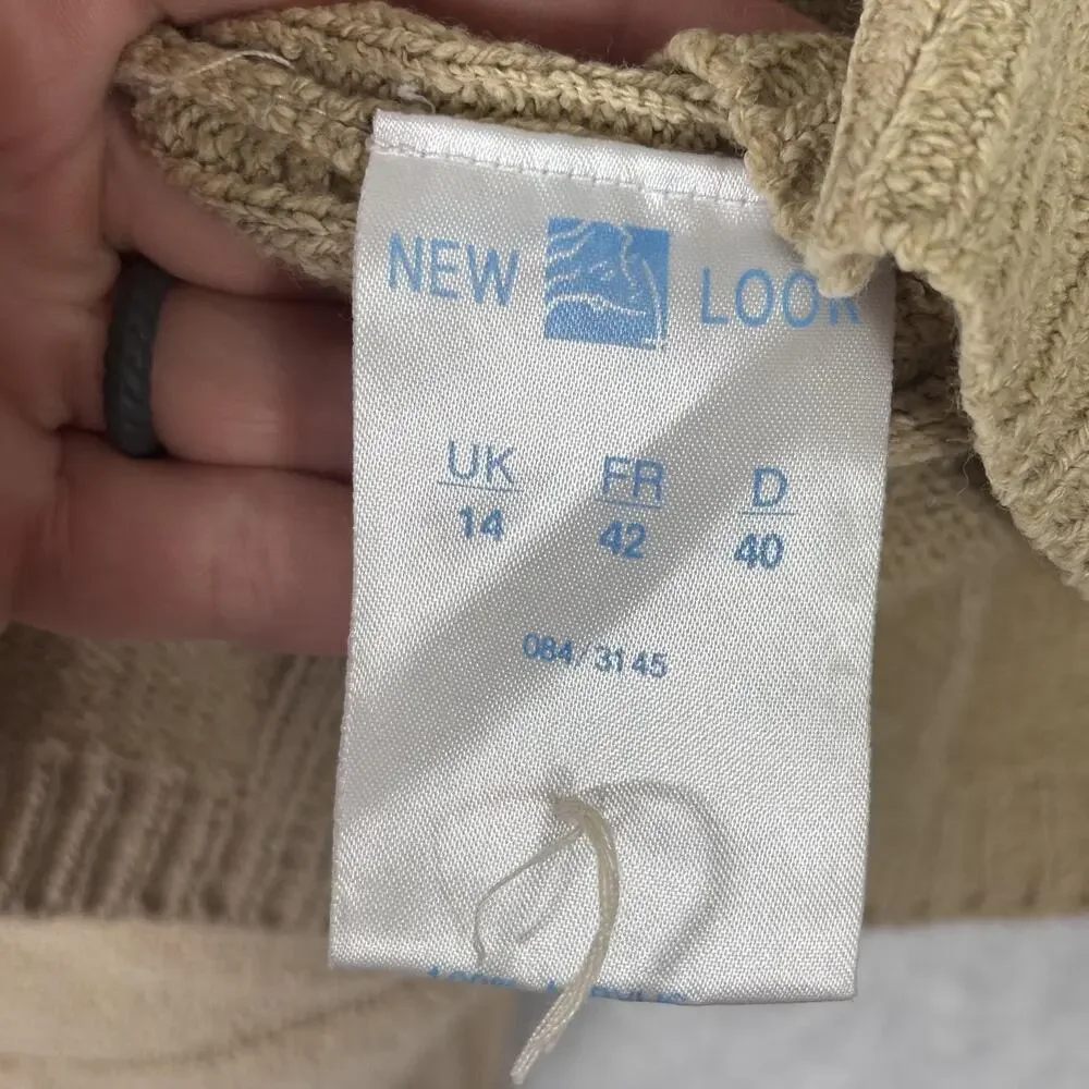 New Look Cardigan Sweater Large Tan Pockets Ribbed Neutral Quiet Luxury Academia